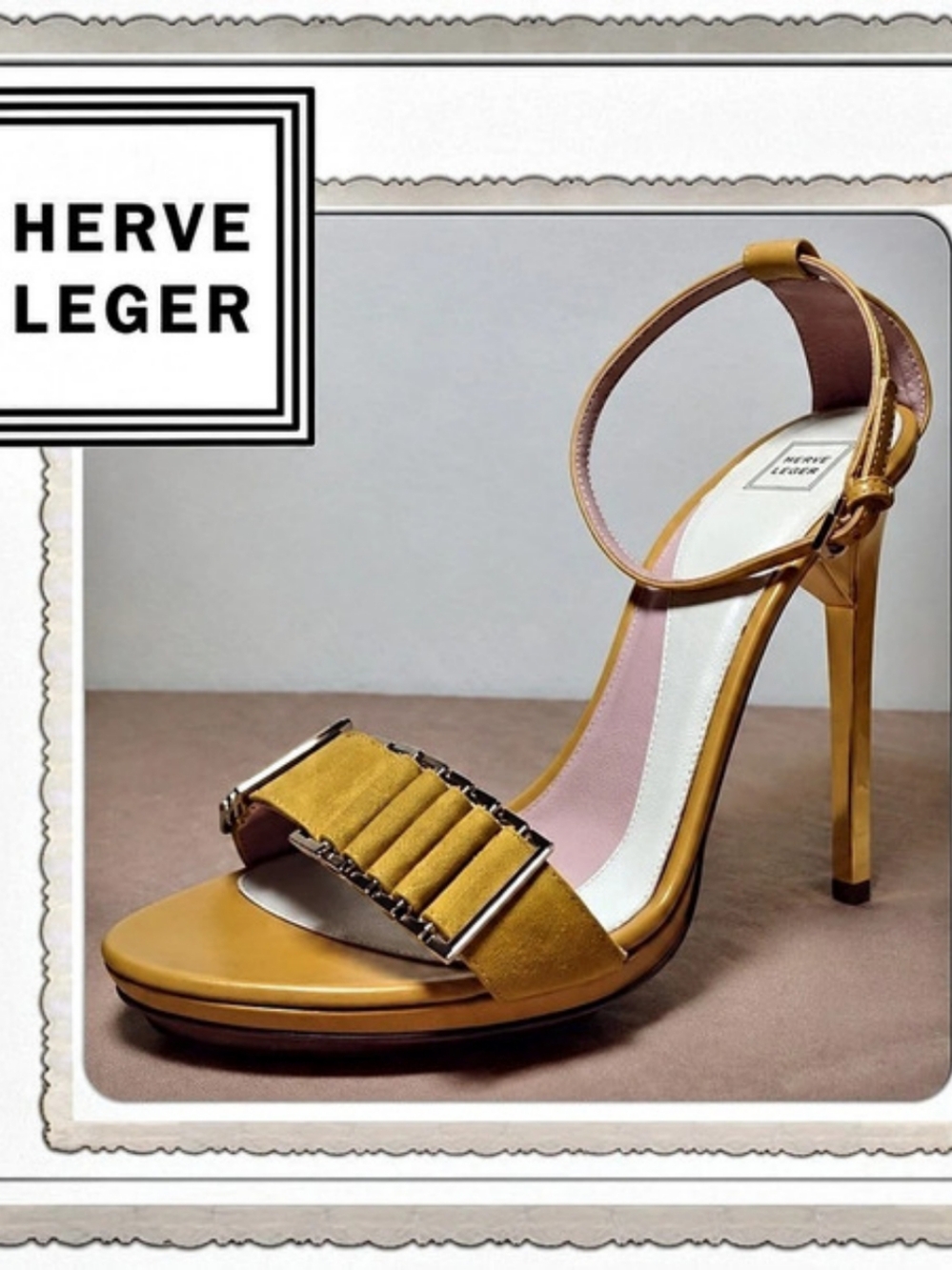 Hervé Léger Vance Mustard Suede Gold Heels Sandals 37 NEW